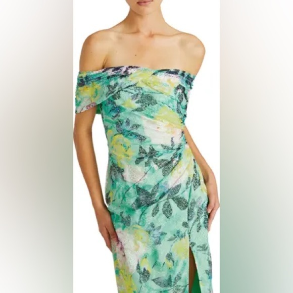 New ML Monique Lhuillier Allie Floral Off Shoulder Lace Midi Cocktail Dress 6 - Picture 2 of 14